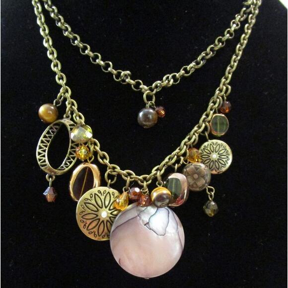 Charm Necklace, Agate Glass Tigers Eye Stones, Unique Abalone Shell Pendant - Picture 1 of 1
